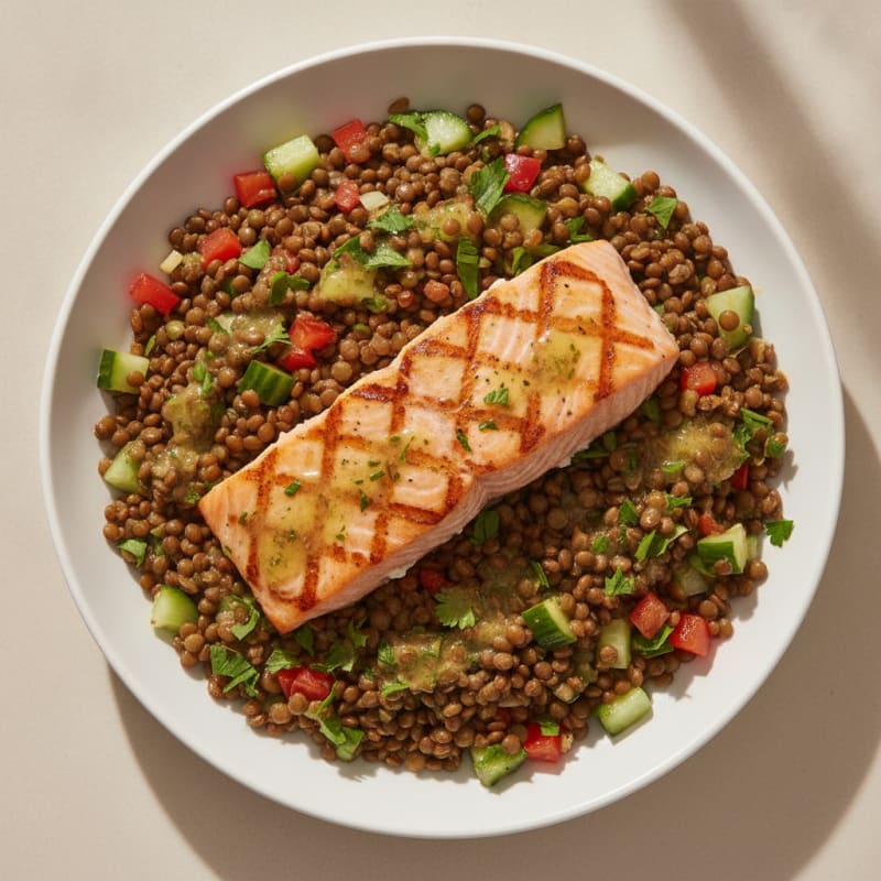 Grilled Salmon with Crunchy Lentil Salad