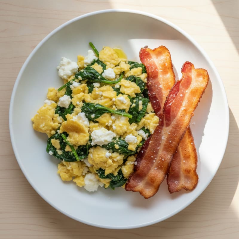 Cottage Cheese Egg Scramble with Spinach and Turkey Bacon
