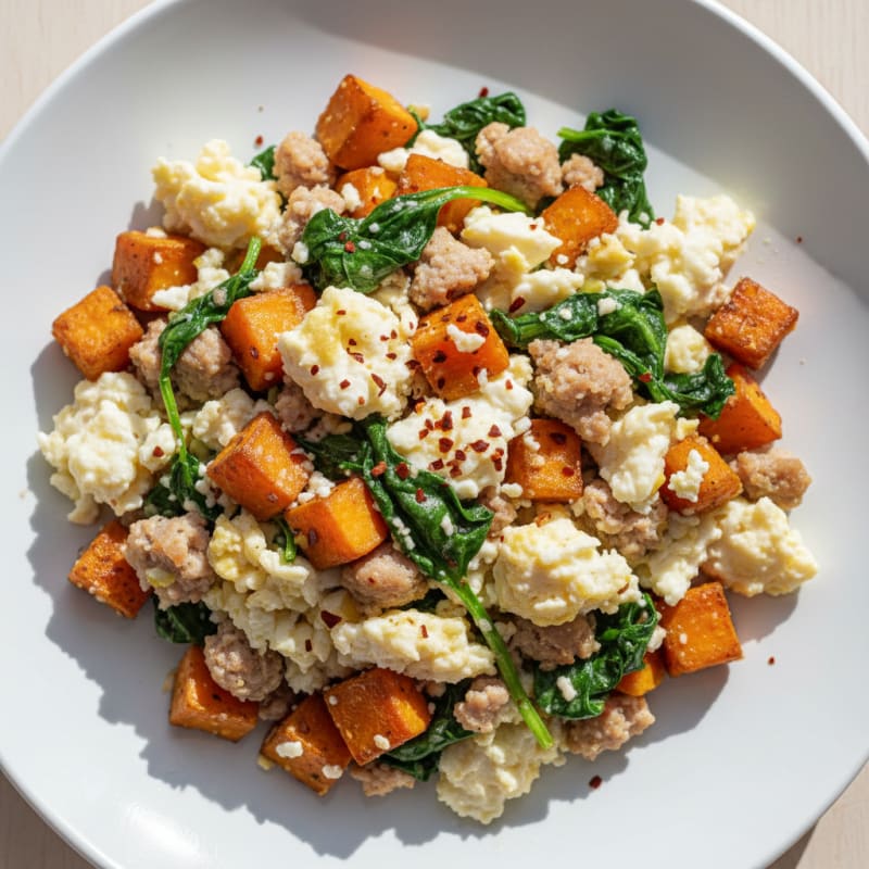 Egg White and Turkey Sausage Scramble with Spinach and Sweet Potato