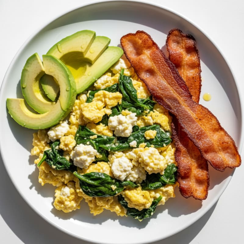 Cottage Cheese Egg Scramble with Spinach and Turkey Bacon