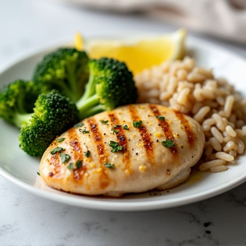 Grilled Lemon Garlic Chicken Breast with Steamed Broccoli and Brown Rice