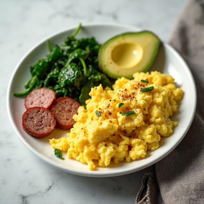 Egg White Scramble with Turkey Sausage and Sautéed Spinach
