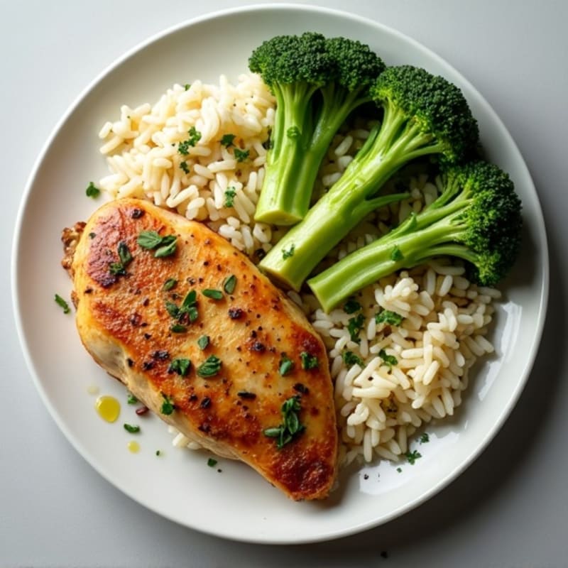 Herb-Roasted Chicken Breast with Garlic Rice and Steamed Broccoli