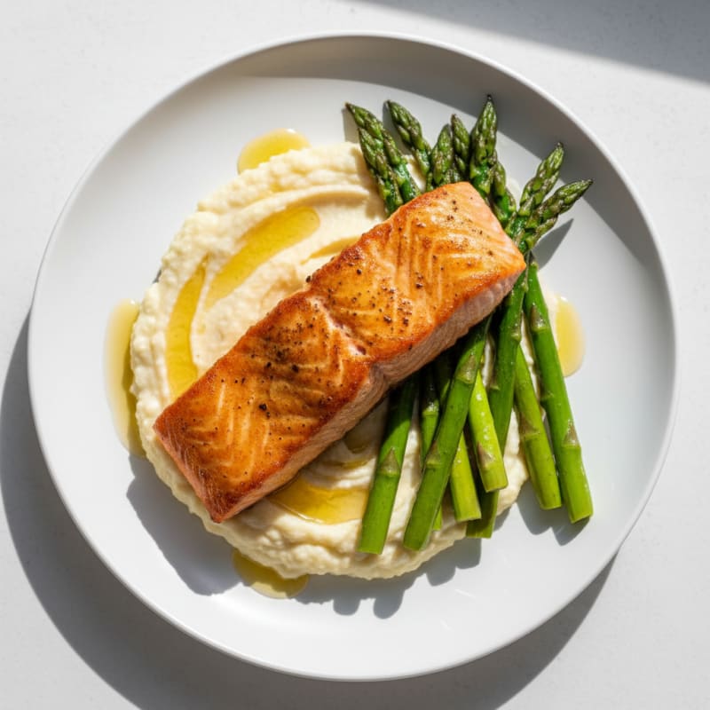 Seared Salmon with Creamy Cauliflower Mash and Roasted Asparagus