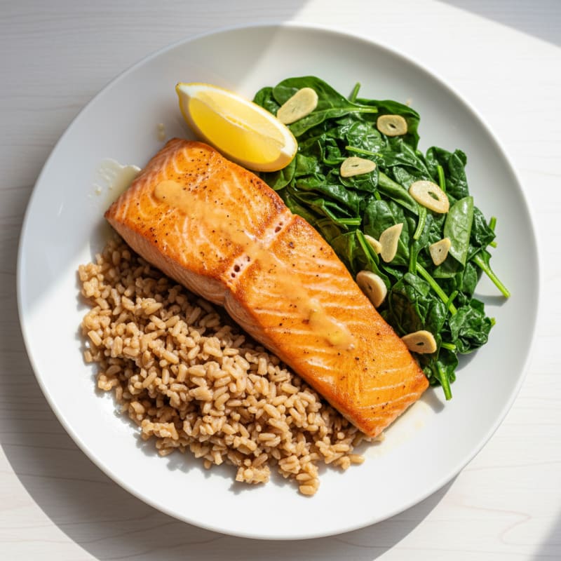 Seared Salmon with Garlic Sautéed Spinach and Brown Rice