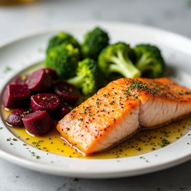 Pan-Seared Salmon with Garlic Roasted Beets and Steamed Broccoli