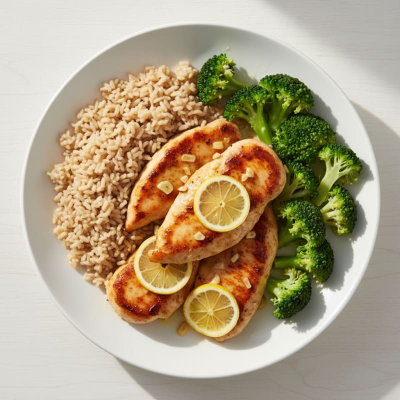 Lemon Garlic Pan Seared Chicken with Steamed Broccoli and Brown Rice