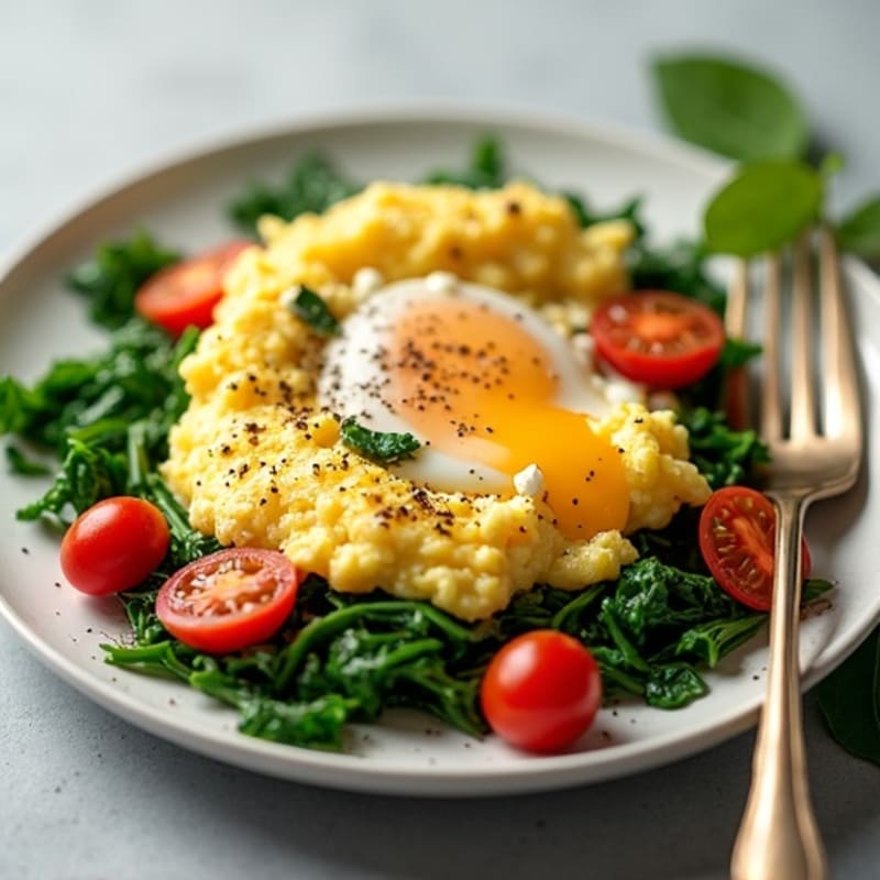 Fluffy Scrambled Eggs with Sautéed Spinach and Cherry Tomatoes