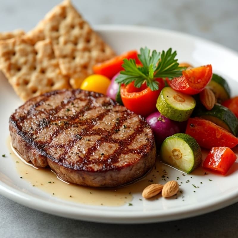 Seared Lean Beef with Roasted Vegetables and Herb Nuts