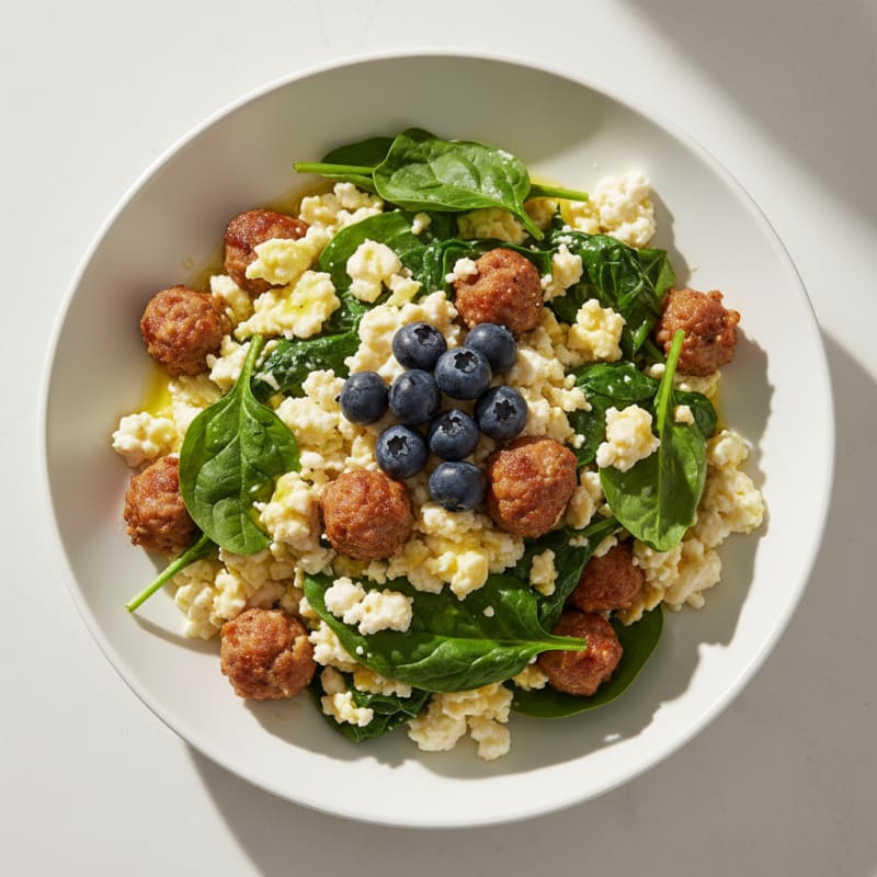Cottage Cheese Scramble with Spinach and Turkey Sausage