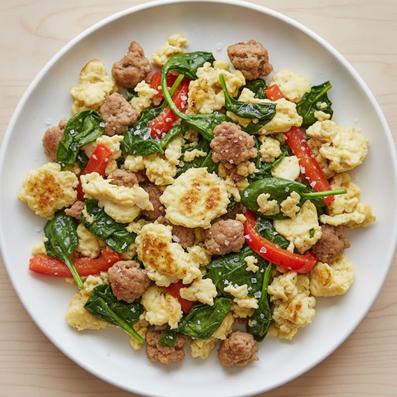 Egg White and Turkey Sausage Scramble with Sautéed Spinach