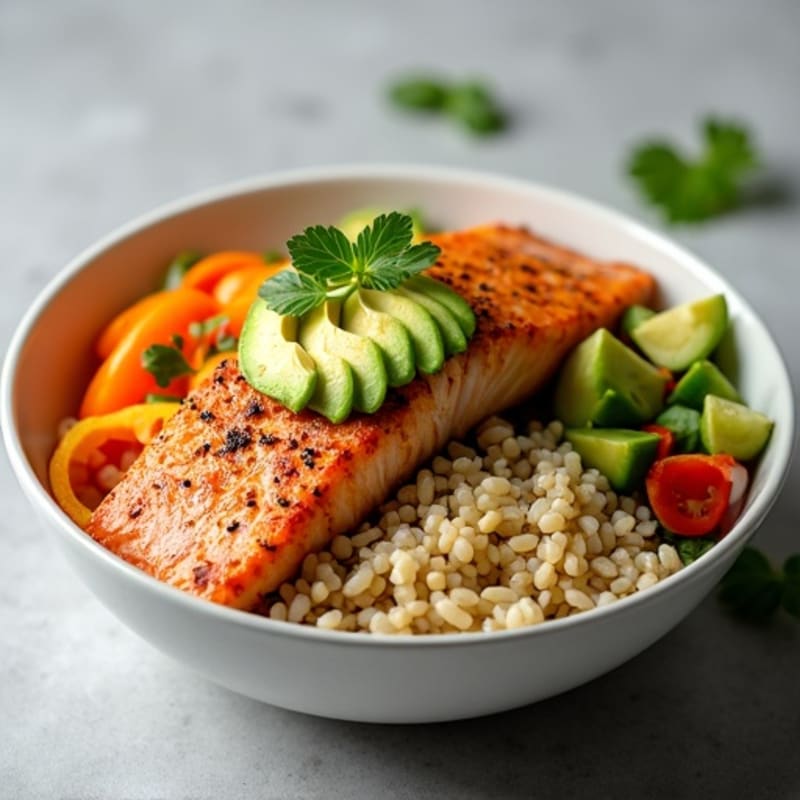 Crispy Pan-Seared Salmon Brown Rice Bowl with Fresh Crunchy Vegetables and Creamy Avocado