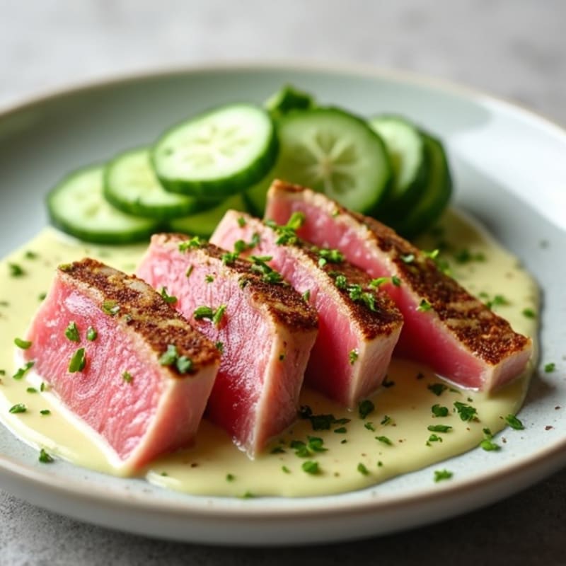 Seared Ahi Tuna with Creamy Wasabi Dressing and Crisp Cucumber Salad