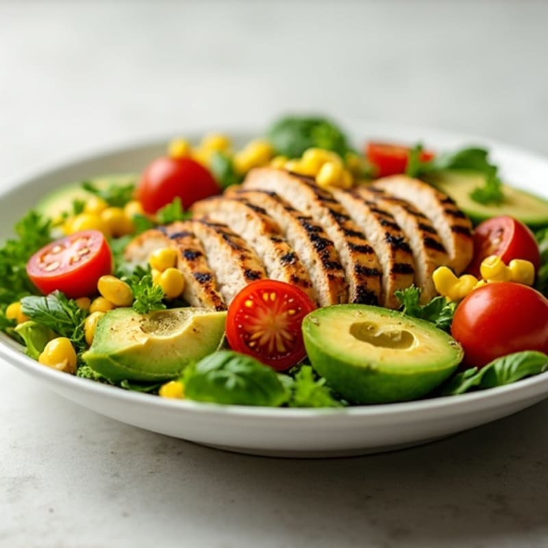 Grilled Chicken and Corn Salad with Avocado and Cherry Tomatoes