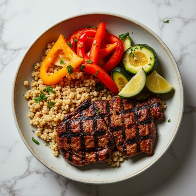 Grilled Steak and Roasted Vegetable Bowl with Quinoa