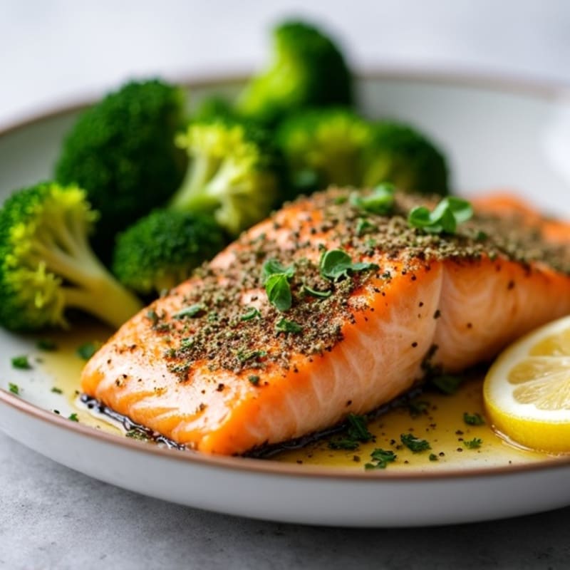 Herb-Crusted Pan Seared Salmon with Roasted Broccoli