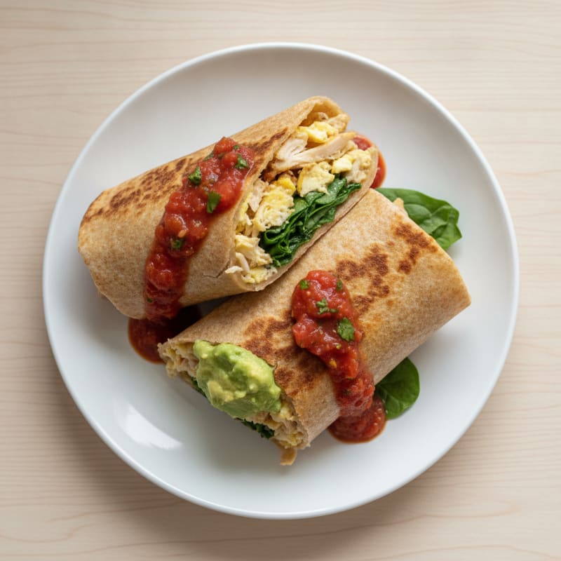 Egg and Chicken Breakfast Burrito with Spinach and Salsa