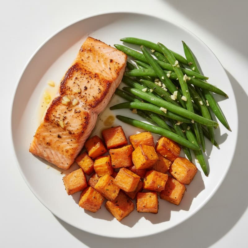 Seared Salmon with Garlic Green Beans and Roasted Sweet Potatoes