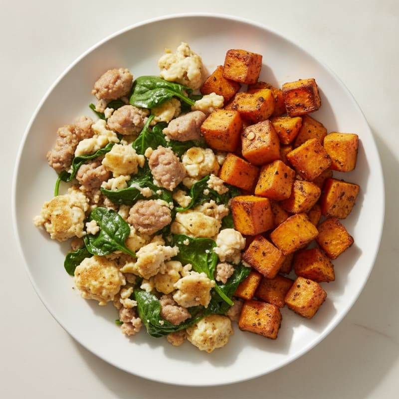 Egg White and Turkey Sausage Scramble with Spinach and Roasted Sweet Potato