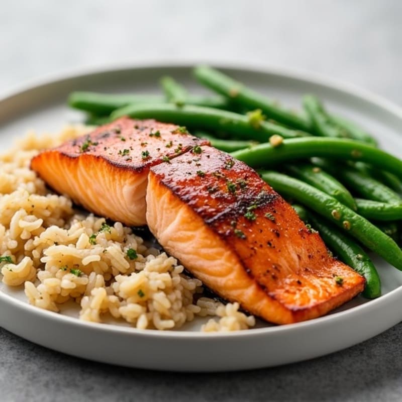 Seared Salmon Fillet with Garlic Green Beans and Brown Rice