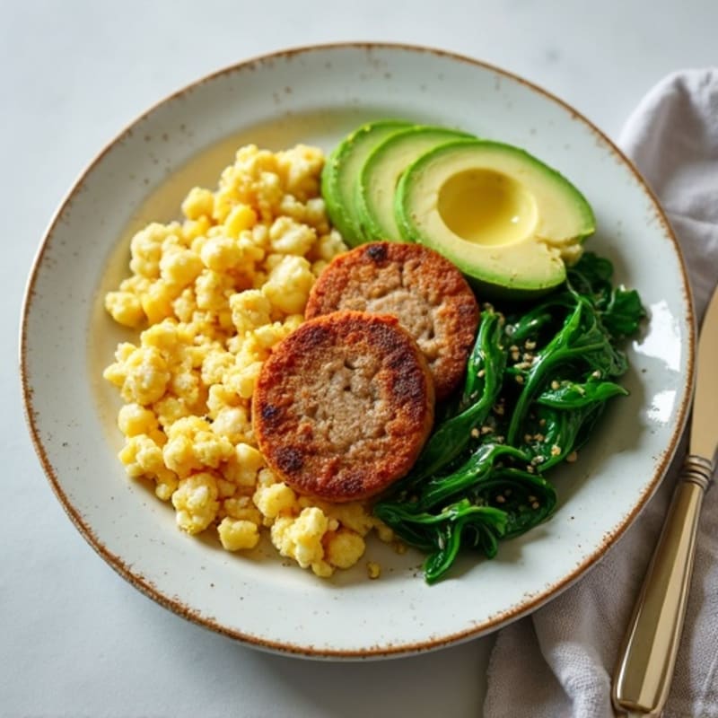 Egg White and Turkey Sausage Scramble with Sautéed Spinach and Avocado