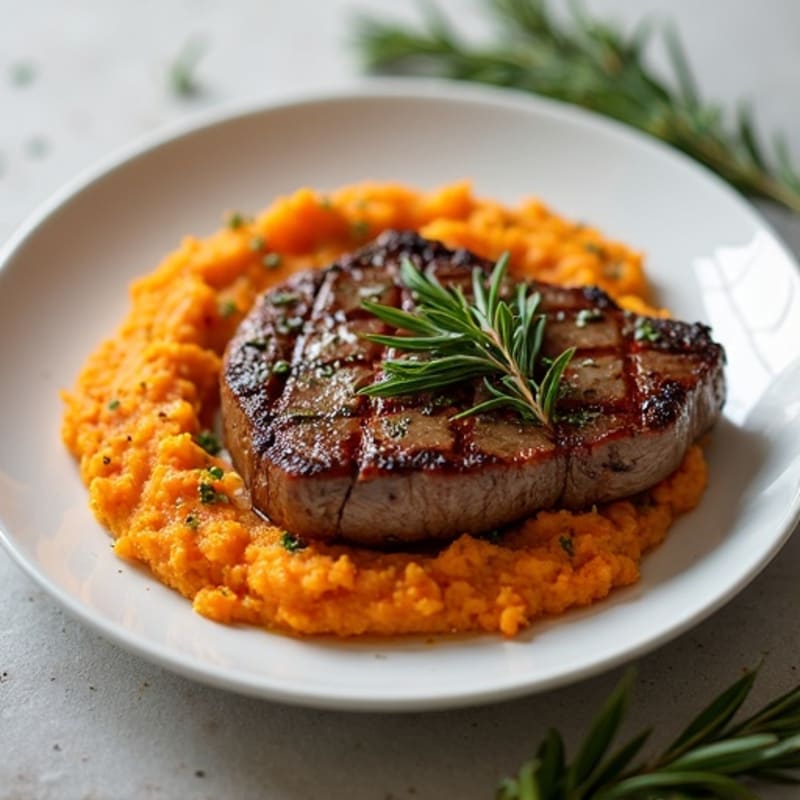 Garlic-Herb Steak with Roasted Sweet Potato Mash