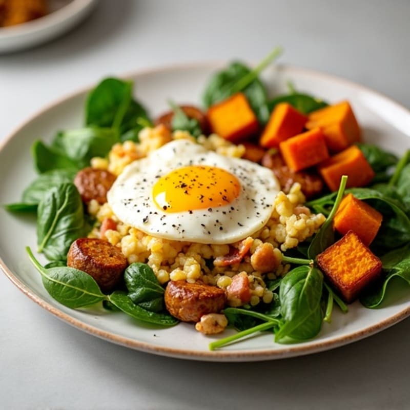 Egg White and Turkey Sausage Scramble with Spinach and Roasted Sweet Potato