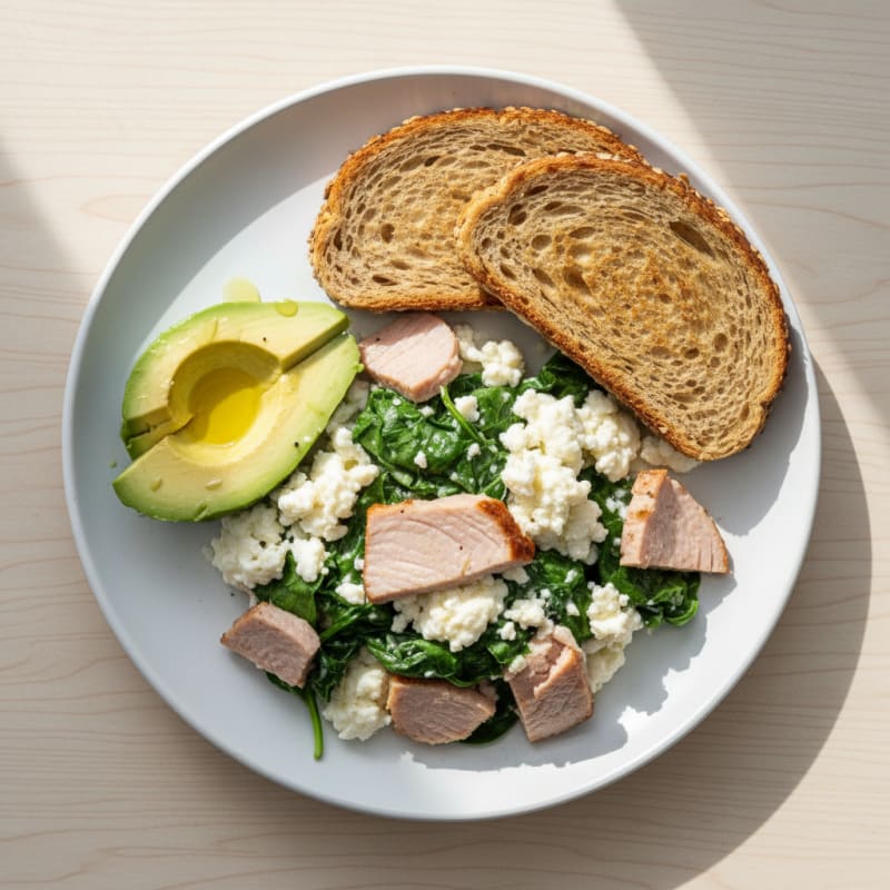 Cottage Cheese Scramble with Spinach and Smoked Turkey