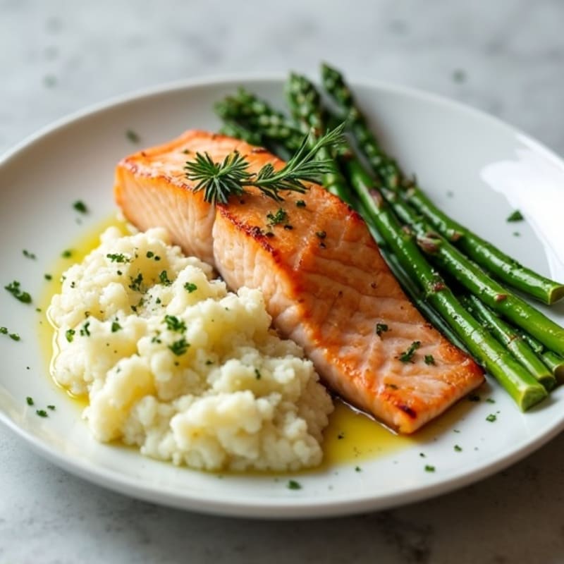 Seared Salmon with Steamed Asparagus and Garlic Mashed Cauliflower