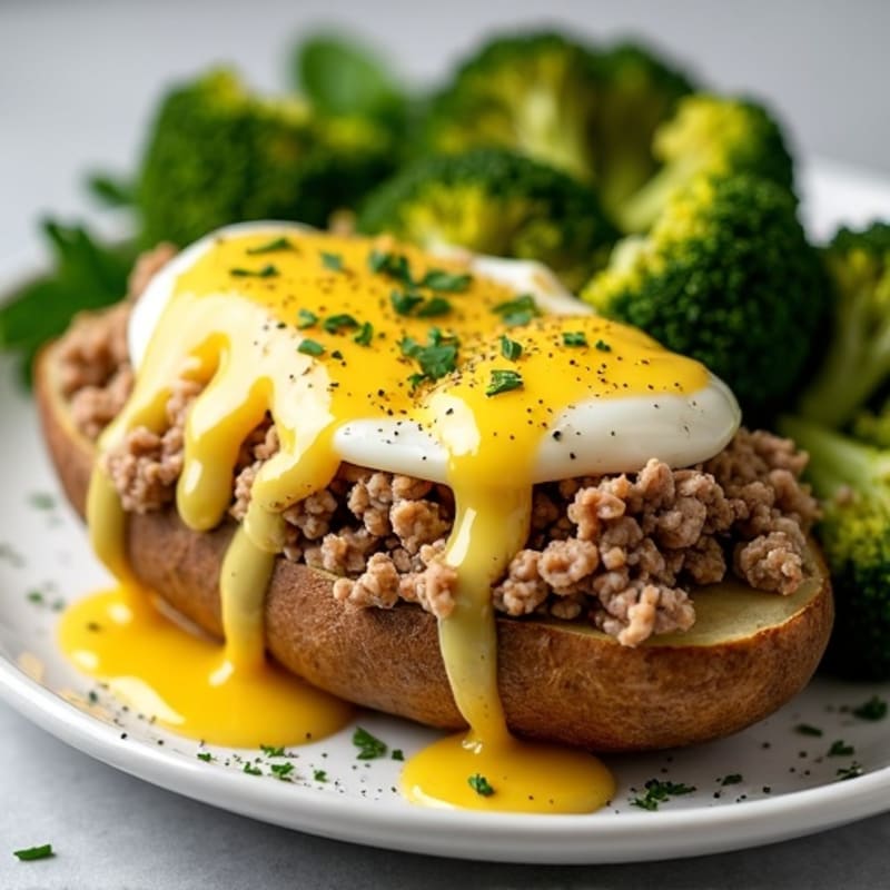 Fluffy Baked Potato with Lean Ground Turkey and Roasted Broccoli