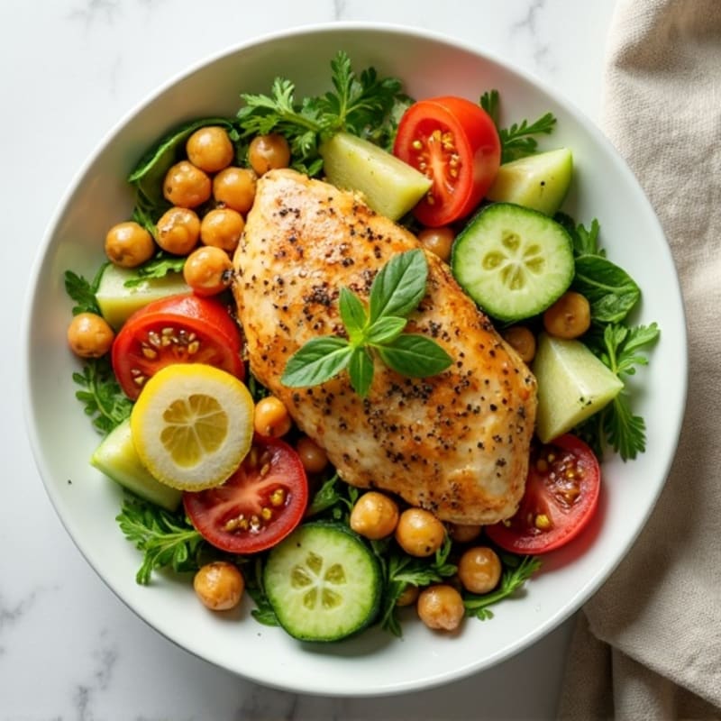Lemon Herb Chicken and Crispy Chickpea Salad with Fresh Vegetables