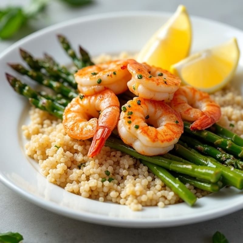 Lemon Garlic Shrimp with Crispy Roasted Asparagus and Quinoa