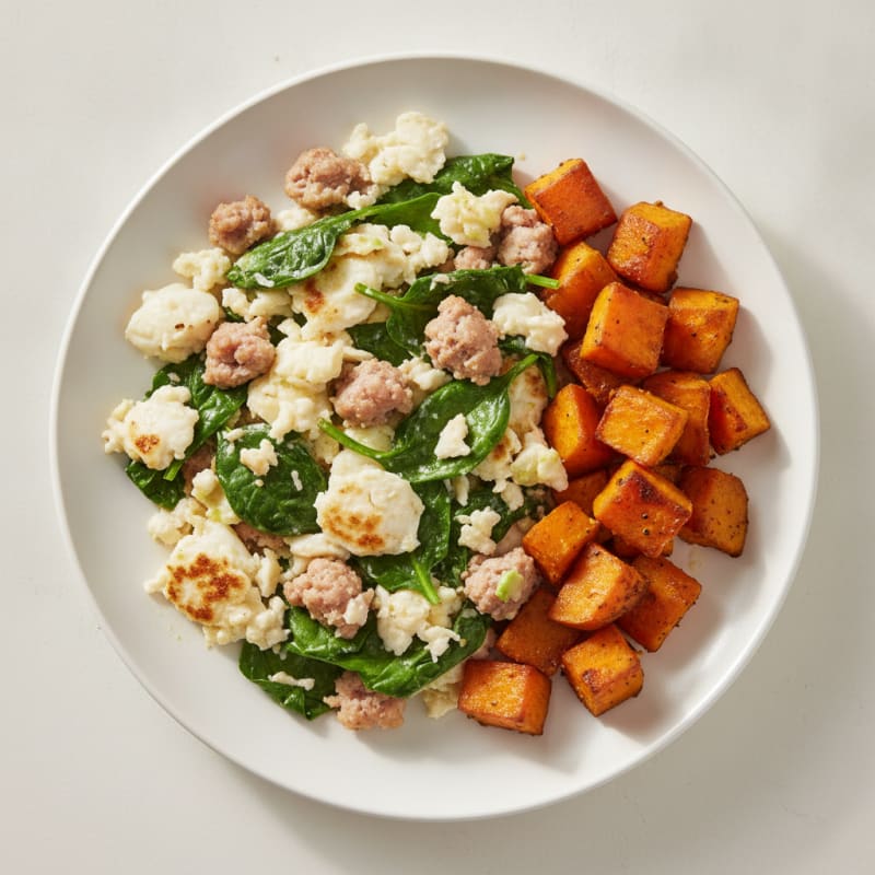 Egg White and Turkey Sausage Scramble with Spinach and Roasted Sweet Potato