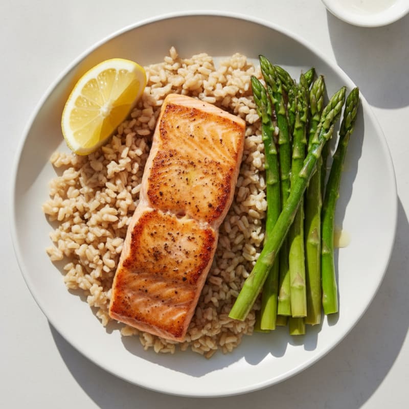 Seared Salmon with Steamed Asparagus and Brown Rice