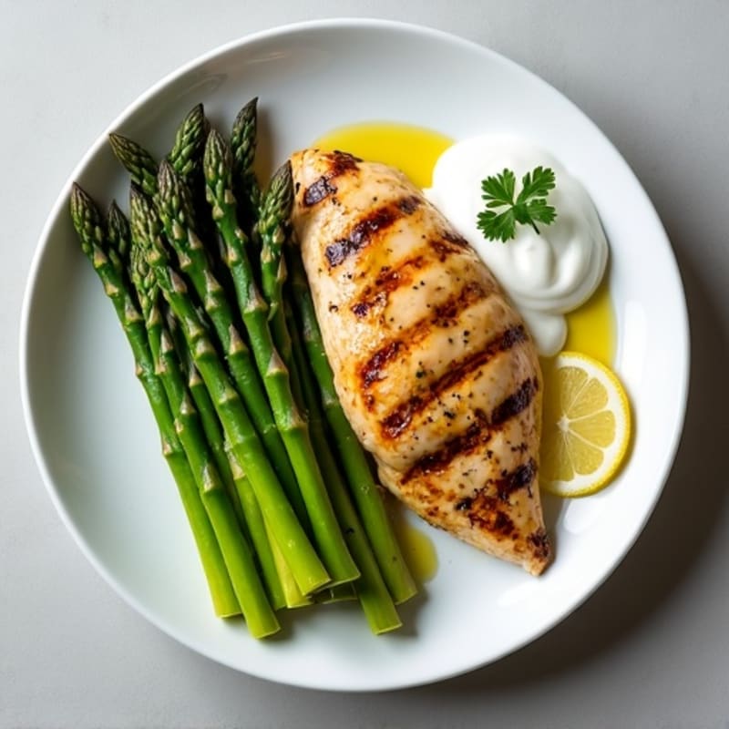 Grilled Chicken Breast with Asparagus and Greek Yogurt Herb Dip