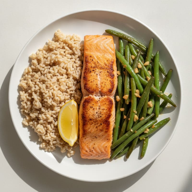 Seared Salmon Fillet with Garlic Green Beans and Brown Rice