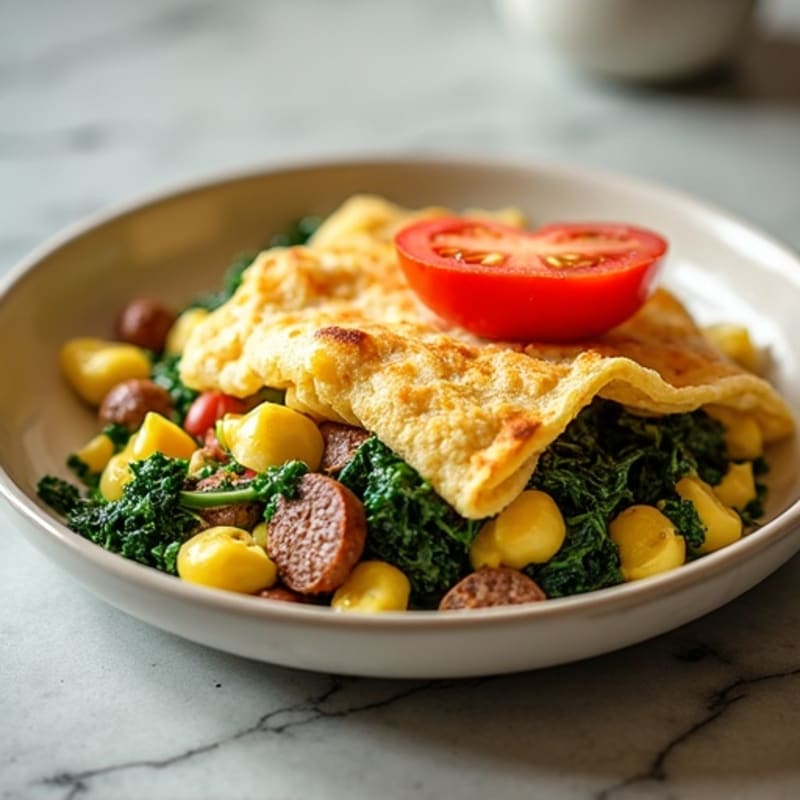 Egg and Spinach Scramble with Crispy Tortilla and Fresh Tomato