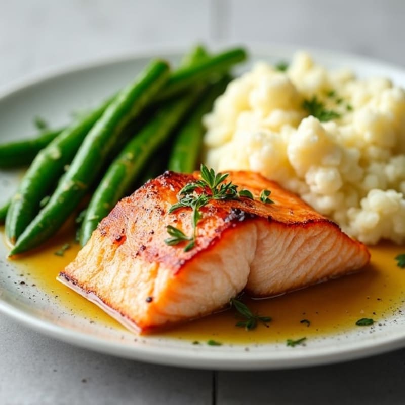Seared Salmon with Garlic Green Beans and Mashed Cauliflower