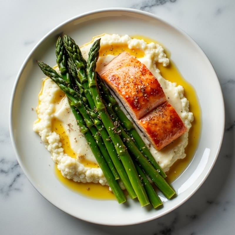 Seared Salmon with Steamed Asparagus and Cauliflower Mash