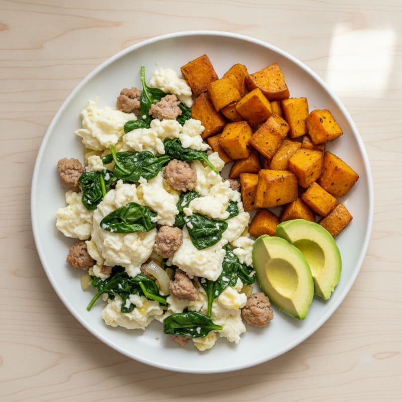 Egg White and Turkey Sausage Scramble with Sautéed Spinach and Roasted Sweet Potatoes