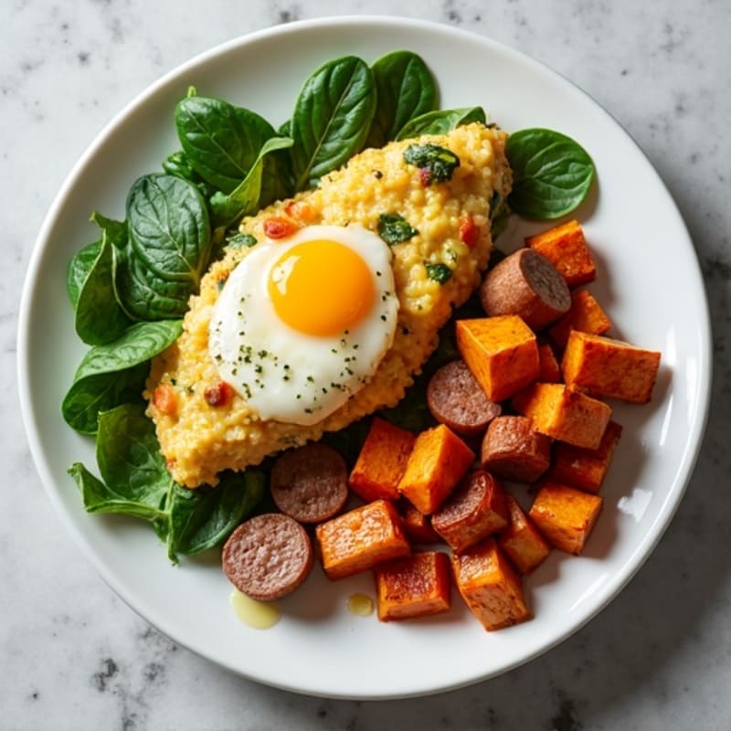 Egg White and Turkey Sausage Scramble with Spinach and Roasted Sweet Potatoes