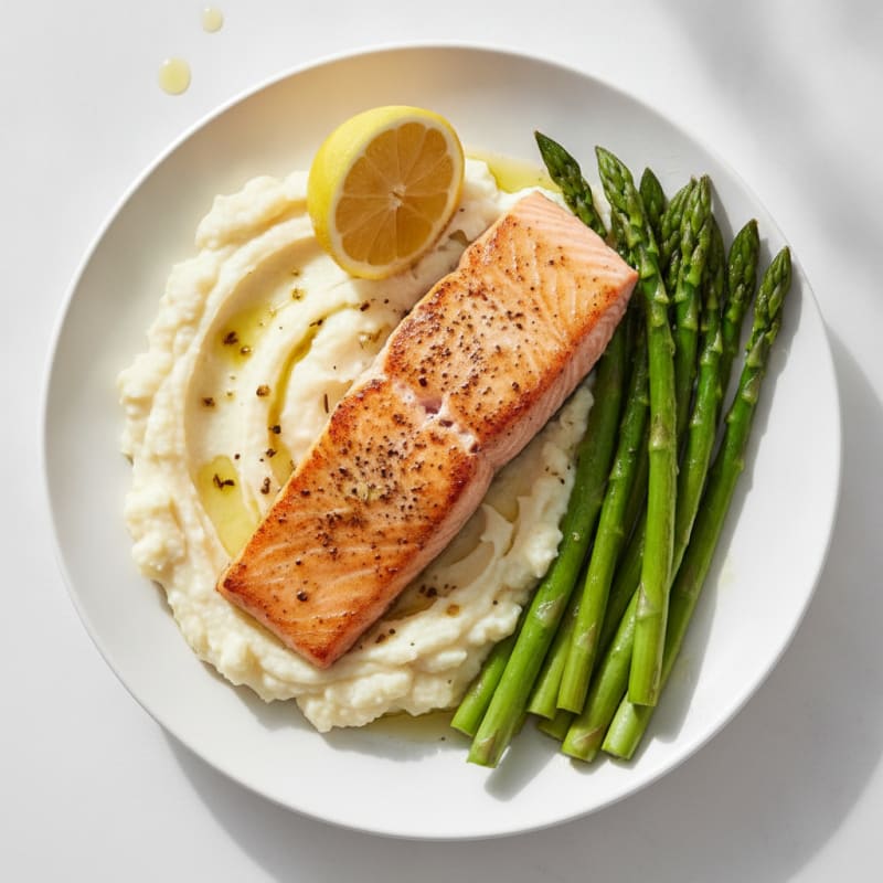 Seared Salmon with Steamed Asparagus and Garlic Cauliflower Mash
