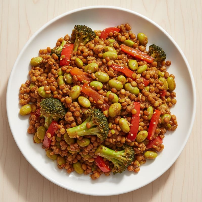 Crispy Lentil and Vegetable Stir-Fry with Edamame