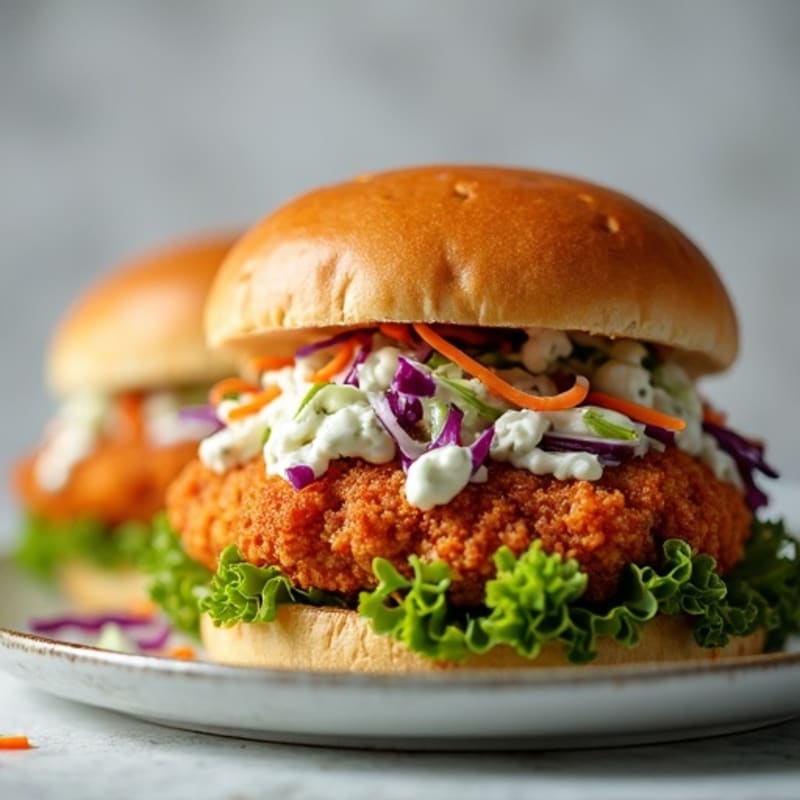 Crispy Buffalo Chicken Burgers with Creamy Blue Cheese Slaw