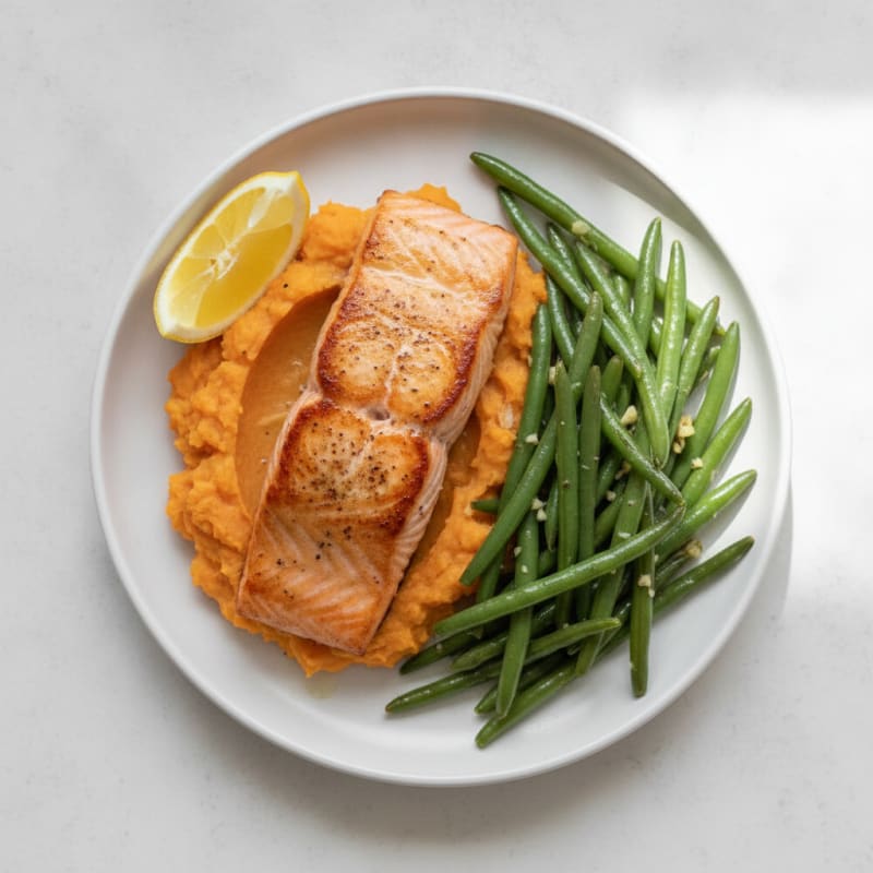 Seared Salmon with Garlic Green Beans and Sweet Potato Mash