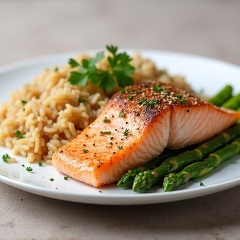 Seared Salmon with Steamed Asparagus and Brown Rice