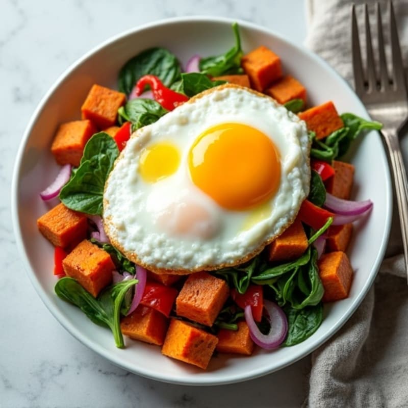 Sweet Potato Hash with Sunny-Side Up Eggs and Fresh Spinach