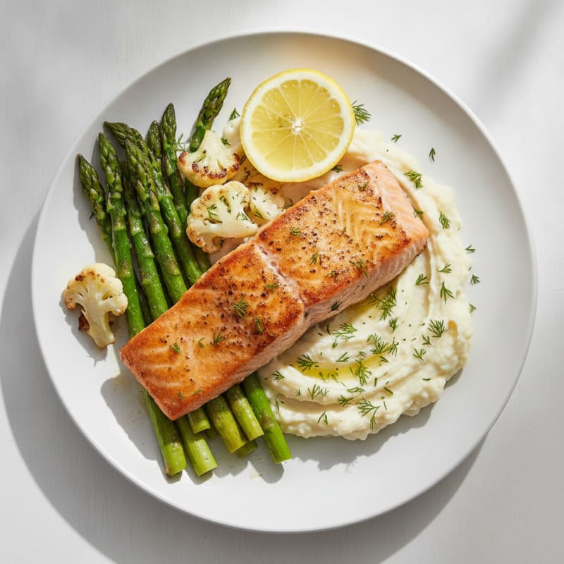 Seared Salmon Fillet with Roasted Asparagus and Cauliflower Mash