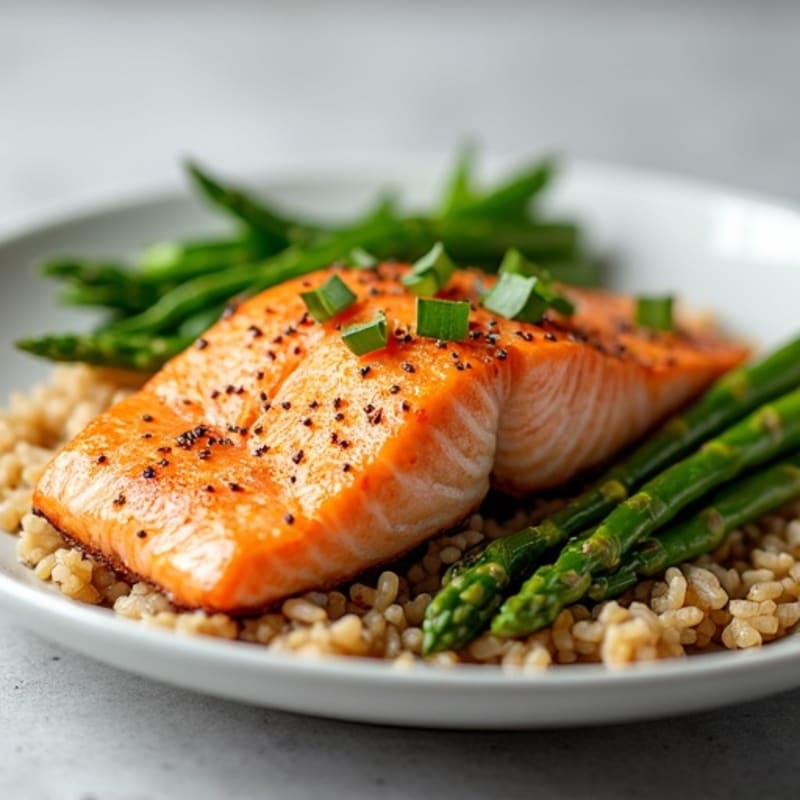 Seared Salmon Fillet with Steamed Asparagus and Brown Rice