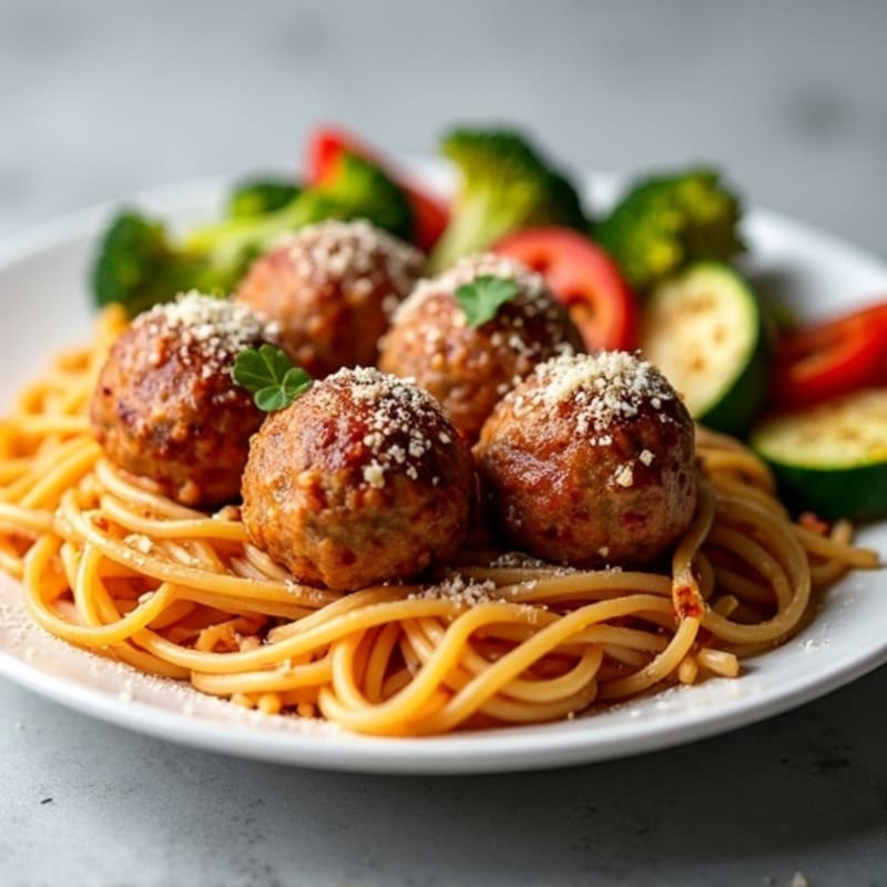 Juicy Lean Turkey Meatballs with Whole Wheat Spaghetti and Crispy Roasted Vegetables